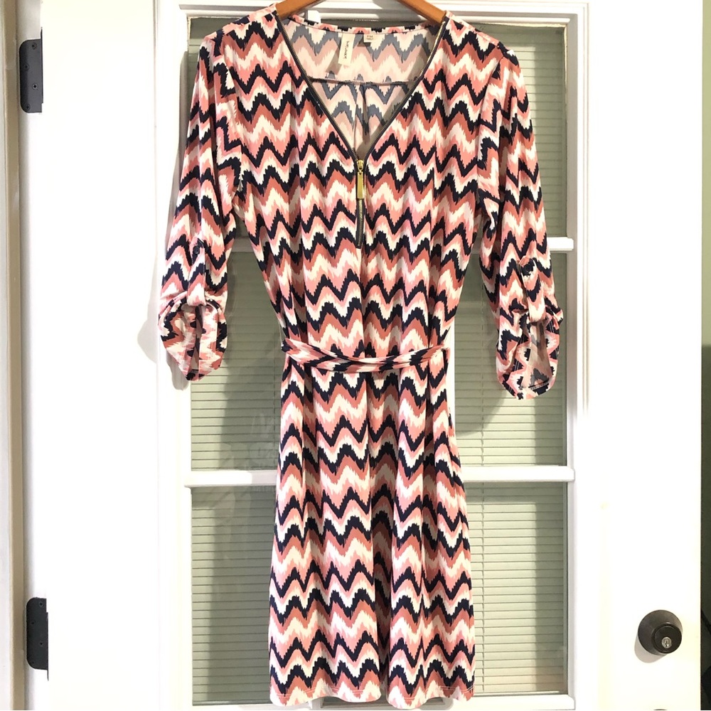 Tacera Women’s 3/4 Sleeve multicolored Chevron Print Dress petite M